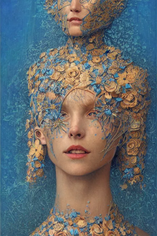 Image similar to portrait of beautiful young mainem, warhammer, russian style, cyber armor with scars, a lot of more scars, more and more flowers, blue head, the middle ages, highly detailed, artstation, illustration, art by jean delville, 8 k quality