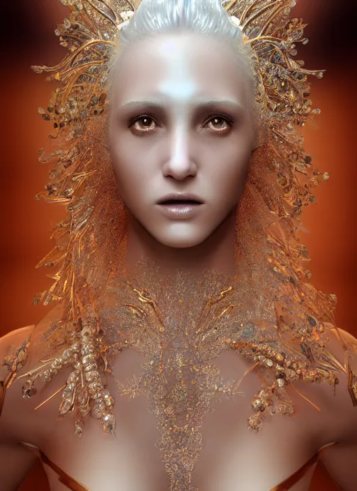 Prompt: beauteous sumptuous white pearlescent iridescent skin on face, crystal, gold, copper, bronze biomechanical with incredible iridescent pearlescent voluminous neon hair, crystalline masterpiece incrustations, hyperdetailed face, elegant pose, movie still, intricate, octane render, cinematic forest lighting, unreal engine, crepuscular rays, god rays