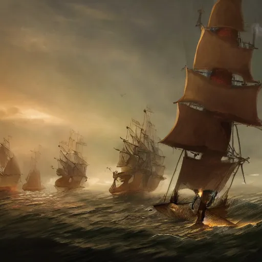 Image similar to knights dismounting off their sailing attackship to invade a moderate sized village, dusk, cinematic, concept art, slight fog, high detail, wide shot, dynamic lighting, sharp focus, high resolution