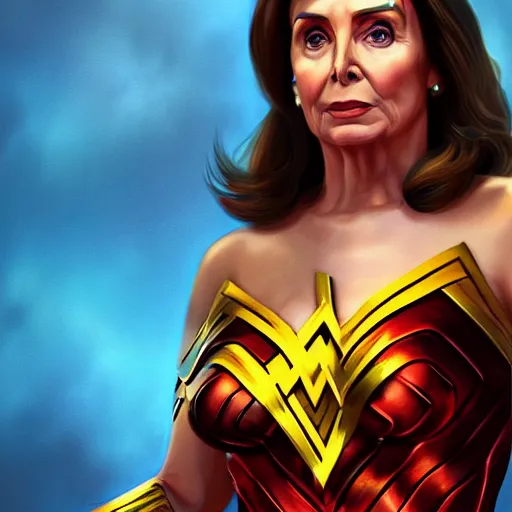 Image similar to Nancy Pelosi as Wonder Woman, digital art, cgsociety, artstation, trending, masterpiece