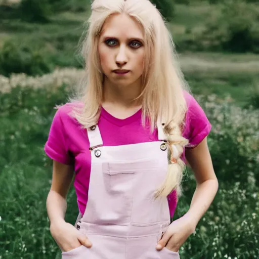 Image similar to beautiful woman with long blonde hair wearing dungarees and a light pink shirt, still, photograph, highly detailed