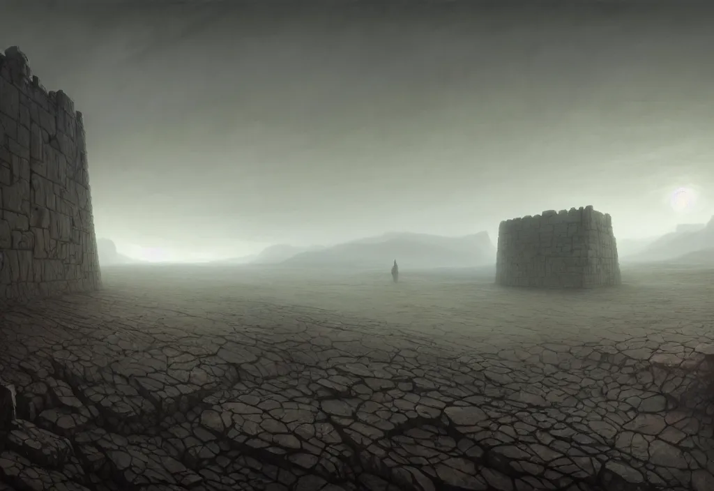 Image similar to The landscape of a gray wasteland with dry land, enclosed in incredibly gigantic enormous smoothed stone walls. The walls are so far apart that they disappear over the horizon. Art by Finnian MacManus, Simon Stalenhag, Arthur Rackham. Masterpiece, fantasy art, cinematic, hyperdetailed, photorealistic, hyperrealism, octane rendering, 8k