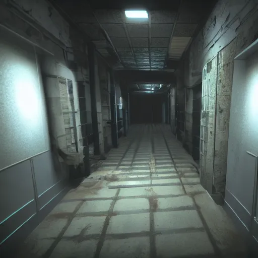 Prompt: horror facility hald - lit corridor, scp containment breach, unreal engine 5, rtx, next - gen graphics, aaa game trailer, cinematic lighting