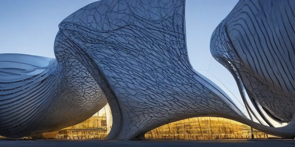 Prompt: extremely detailed ornate stunning sophisticated beautiful elegant futuristic museum exterior by Zaha Hadid, Milan buildings in the background, smooth curvilinear design, stunning volumetric light, stainless steal, concrete, translucent material, beautiful sunset, tail lights