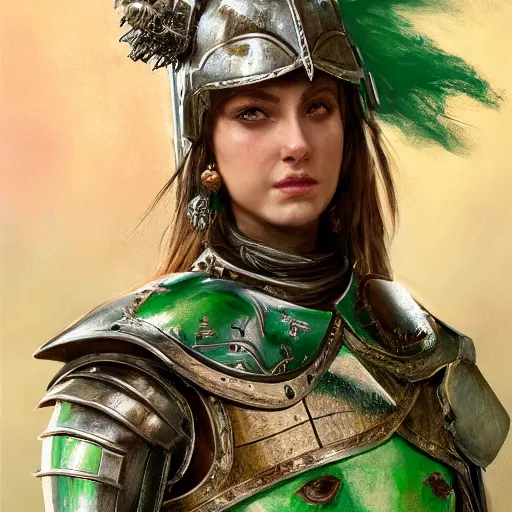 Prompt: highly detailed full body portrait painting of a proud young female knight wearing heavy armour in the style of Warhammer Fantasy by Craig Mullins and Lorenzo Nuti, medium hair, green eyes, earrings, low perspective, highly detailed, trending on artstation, cgsociety , 4k, 8k, HDR, octane render, unreal engine