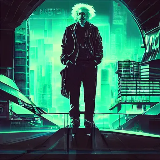 Image similar to “ einstein, cyberpunk art by vincent lefevre, behance contest winner, altermodern, cityscape, synthwave, matte painting ”