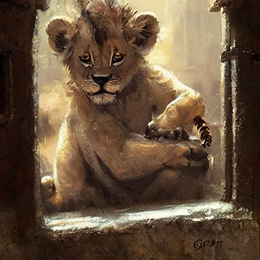 Prompt: cute lion cub with a scorpion tail in a cage on a medieval fantasy market, oil painting, by greg rutkowski