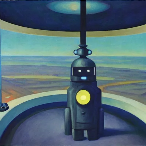 Image similar to robot overlords, spaceship bridge interior, view of earth, blue and gray, pj crook, edward hopper, oil on canvas