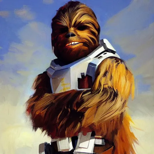 Image similar to greg manchess portrait painting of chewbacca as overwatch character, medium shot, asymmetrical, profile picture, organic painting, sunny day, matte painting, bold shapes, hard edges, street art, trending on artstation, by huang guangjian and gil elvgren and sachin teng