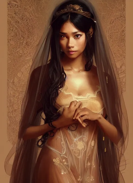 Image similar to cute brown woman wearing a transparent night gown and hanfu face veil, fantasy, intricate, highly detailed, digital painting, artstation, concept art, wallpaper, smooth, sharp focus, illustration, art by artgerm and greg rutkowski and alphonse mucha