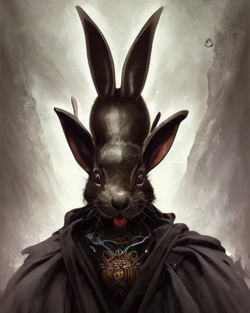 Prompt: Anthropomorphized black rabbit monk, portrait, Path of Exile, Diablo, Warhammer, digital painting, highly detailed, concept art, Nekro, Peter Mohrbacher, Alphonse Mucha, Brian Froud, Yoshitaka Amano, Kim Keever, Victo Ngai, James Jean