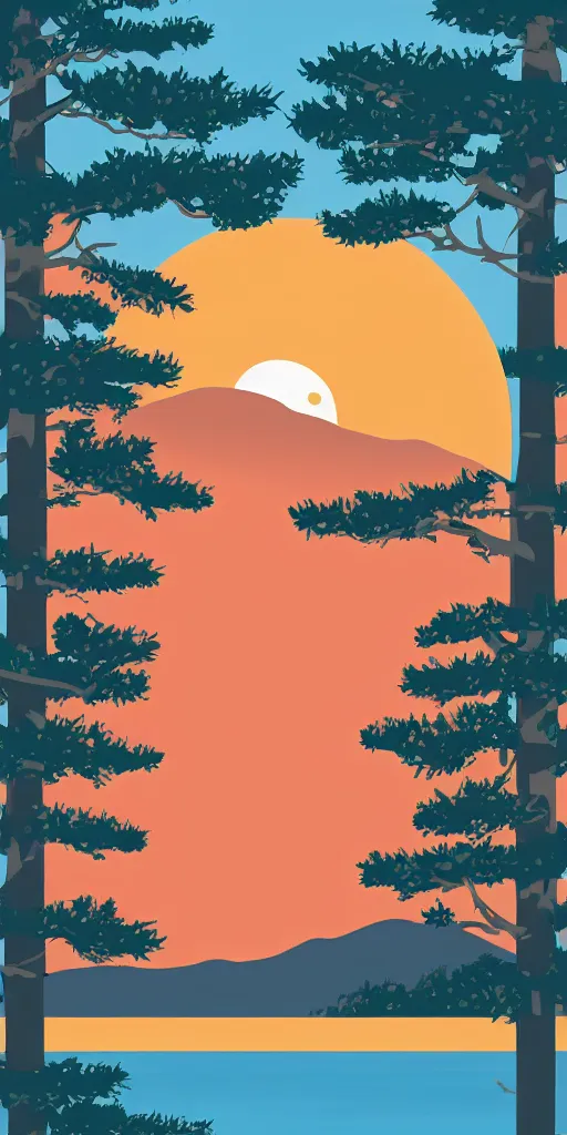 Prompt: a lake next to a forest of japanese pines, a big red sun in the background, logo design, fresh modern style, thick vector line art, made with photoshop, stunning