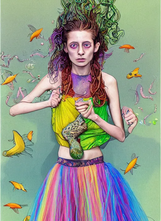 Image similar to surrealism psychedelic full body portrait sketch of thomasin mckenzie as delirium of the endless in fishnet top and rainbow tutu skirt from the sandman, floating goldfish, green and blue eye heterochromia by alex ross, josh kirby, detailed, elegant, intricate