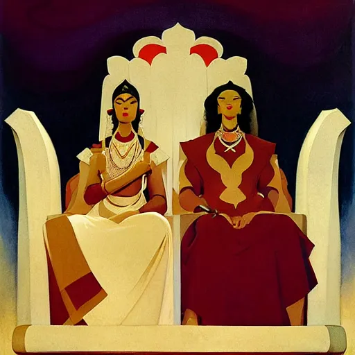 Image similar to an illustration of an ivory skin with dark curly hair queen on a throne, by nicholas roerich, by frank frazetta by georgia o keeffe by frederick william elwell, by hans emmenegger, by eyvind earle highly detailed, realistic, outline, line work, fantasy, oriental, stylised flat colors, animation