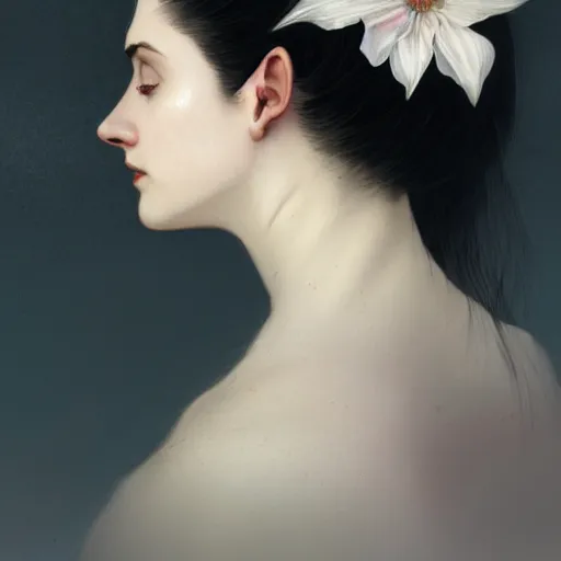 Image similar to side portrait of a beautiful witch, black hair, flower crown, white cloak, headshot, hyper realistic, pale skin, 4k, rule of thirds, beautiful eyes, extreme detail, detailed drawing, trending artstation, hd, fantasy, D&D, realistic lighting, by Alphonse Mucha, Greg Rutkowski, sharp focus, backlit, elegant