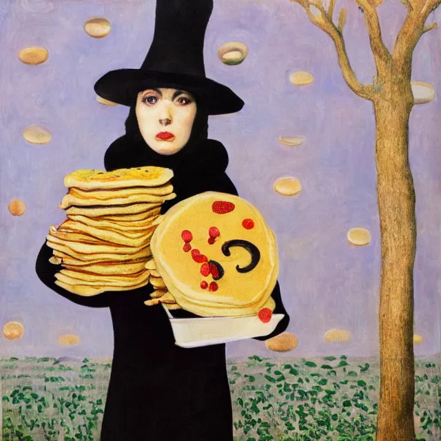 Image similar to tall emo female artist holding pancakes, in chippendale sydney, gold bars, maple syrup, snails, berries, pigs, octopus, acrylic on canvas, surrealist, by magritte and monet