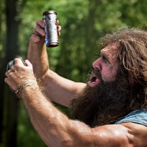 Prompt: photo of ancient caveman shotgunning a beer can, high detail, ultra realistic, 4k UHD, pristine