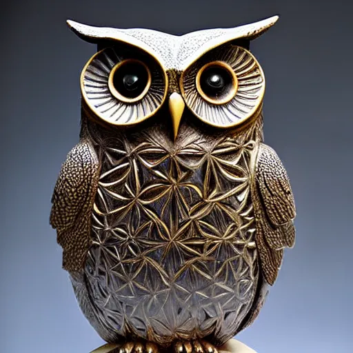 Prompt: symmetrical detailed sculpture of an owl, made of Bromine