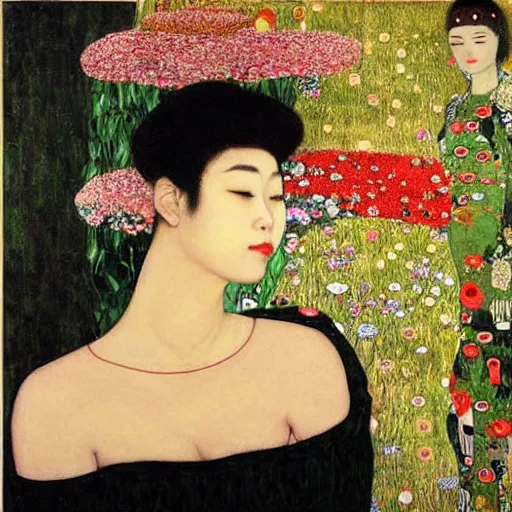 Image similar to !dream Woman holding another woman, one black, the other Asian, both have red lips, silk ribbon over eyes, Gustav Klimt style, against a background of flowers,