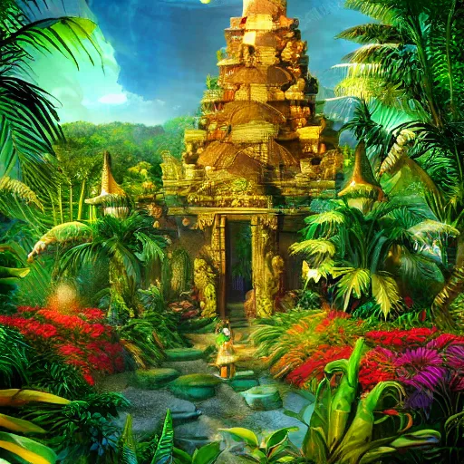 Prompt: a jungle temple surrounded by giant beautiful tropical flowers, photography, golden hour, bokeh, gamma, 8 k, full - hd, volumetric light, artstation, by bob byerley