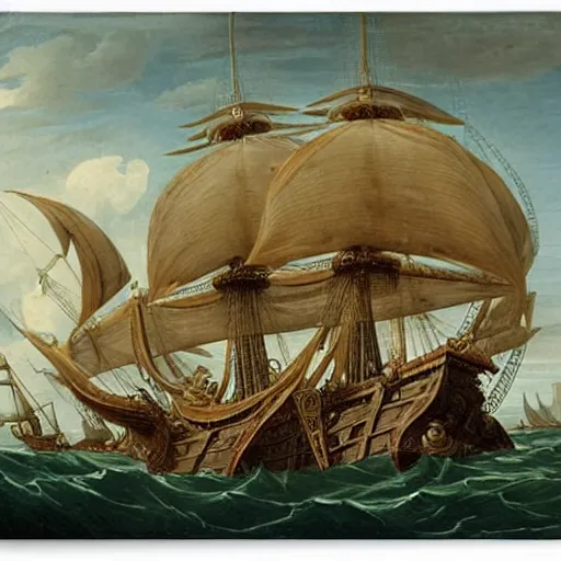 Prompt: a giant octopus with tentacles wrapped around a spanish galleon, by george philip reinagle