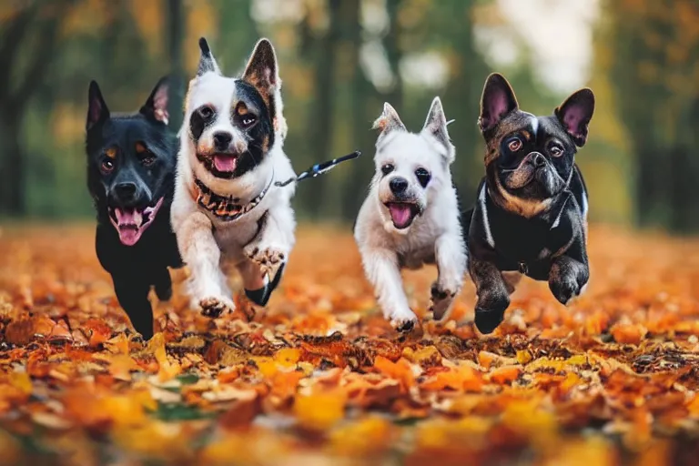 Image similar to dogs running through autumn leaves towards the camera