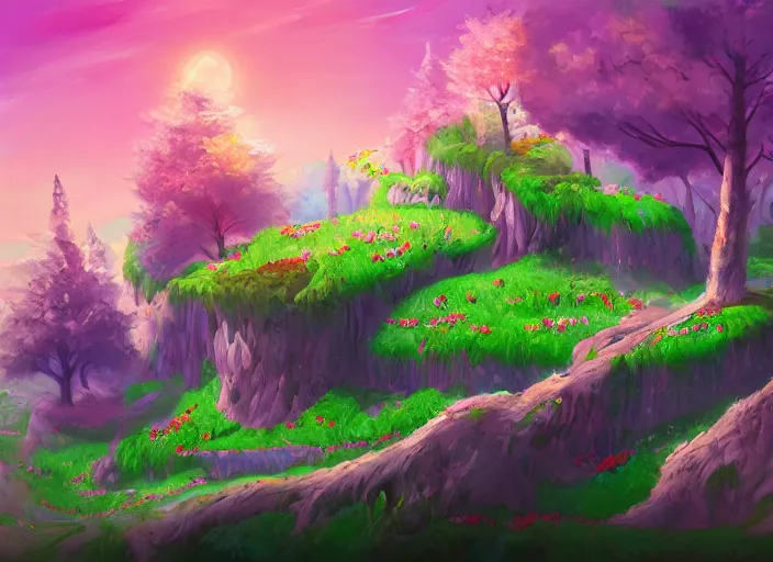 Prompt: enviroment design for a biome for candy kids game, top angle, trees candy themed, oil painting by jama jurabaev, extremely detailed, brush hard, artstation, for aaa game, high quality, brush stroke