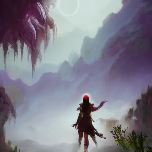 Image similar to landscape of Aloy in misty mysterious astral temple jumpin with pistol in river of chromatic SPIRITS , beautiful, dmt, trending on artstation, omnious, soft, artwork by Wong, Liam