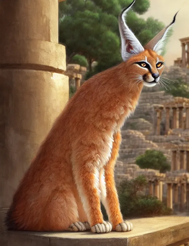 Image similar to cute fluffy caracal in a ancient greek city, wearing a hat on head | | cute, key visual, realistic shaded perfect face, fine details by stanley artgerm lau, wlop, rossdraws, james jean, andrei riabovitchev, marc simonetti, and sakimichan, trending on artstation