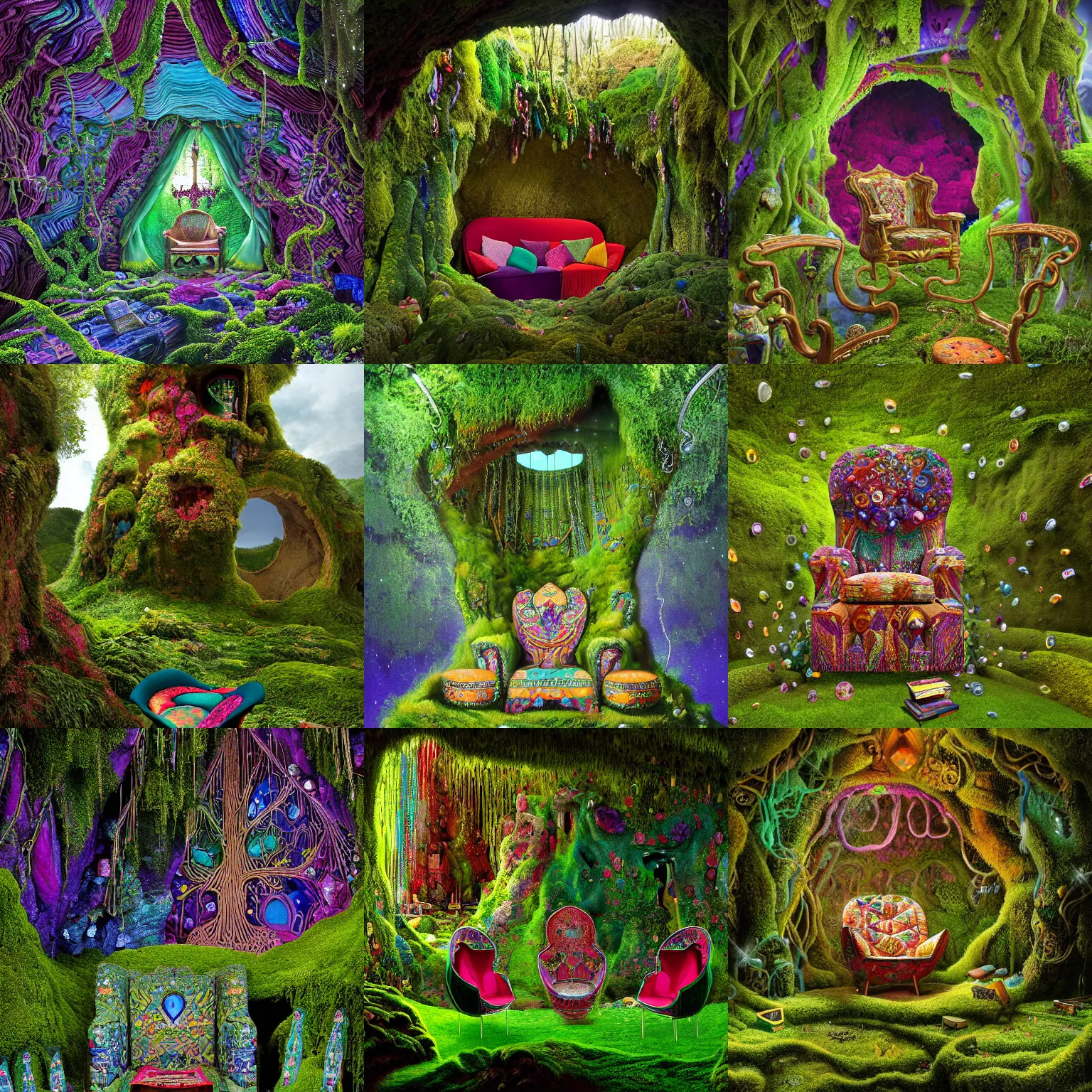 Prompt: A large chair with multi-colored gemstones on top surrounded by six smaller chairs with multi-colored gemstones on their tops, set within a cave of carvings and moss cut into the side of a hill covered in grass and moss with a parted curtain of vines, by Pail Lehr and Dan Mumford and Dan Hillier, vray rendered, 8k resolution, enormous scale