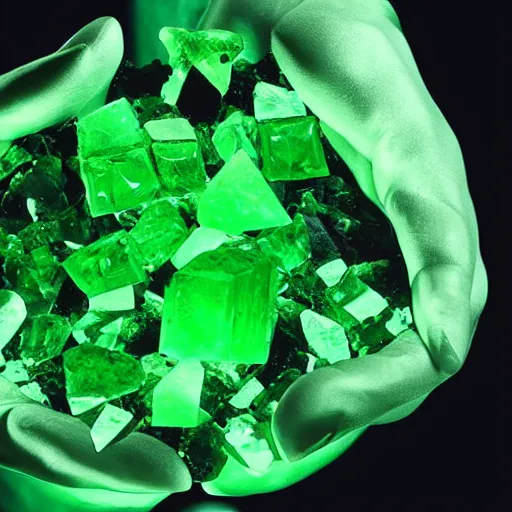 Prompt: a glowing green crystalline shard of kryptonite held in an open black - gloved hand, black background