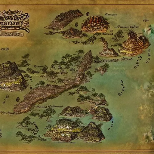 Image similar to an incredibly detailed map of a fantasy world with elaborate biomes and illustrations