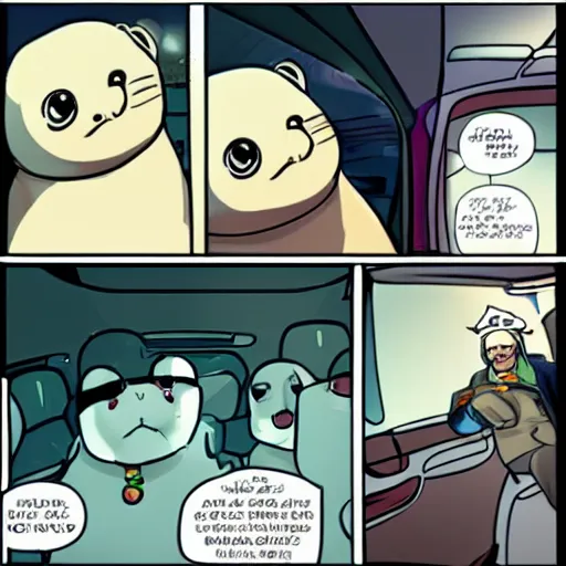 Image similar to portrait of a smug baby harp seal riding in the back of a limo, medium shot, highly coherent, saga comic, fiona staples