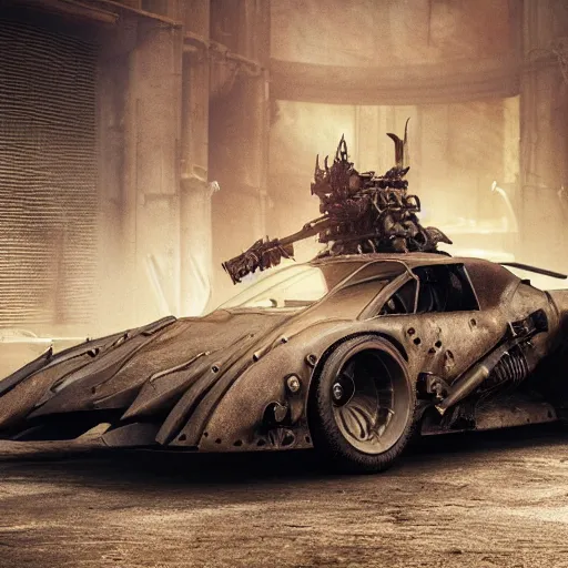 Image similar to the batmobile in mad max, au naturel, hyper detailed, digital art, trending in artstation, cinematic lighting, studio quality, smooth render, unreal engine 5 rendered, octane rendered, art style by klimt and nixeu and ian sprigger and wlop and krenz cushart