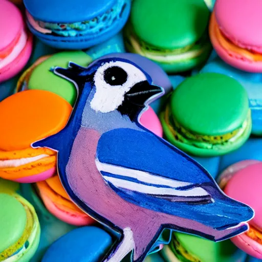 Image similar to A photograph of a (photorealistic blue jay) standing on a large basket of rainbow macarons.