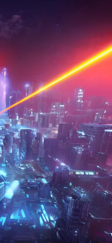 Image similar to unreal engine 5 render of a city with lasers coming out of the clouds, digital art ”