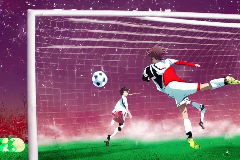 Image similar to anime soccer player scores goal with bicycle kick, hyperrealism