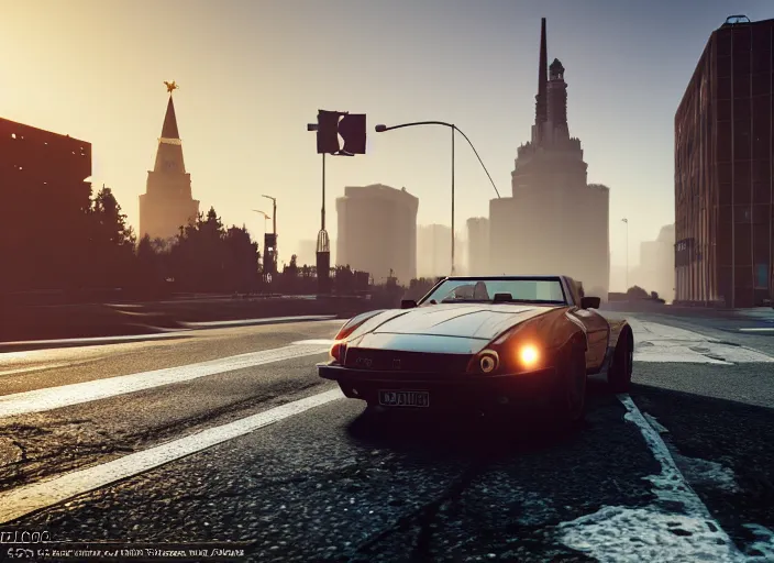 Image similar to gta in moscow, playstation 5 screenshot, symmetrical, mega details, golden hour, fog, beautiful rtx reflections, brutalism buildings, photorealistic, unreal engine 5, octane render, volumetric light, cg society, 4 k, bokeh, lada car, artstation