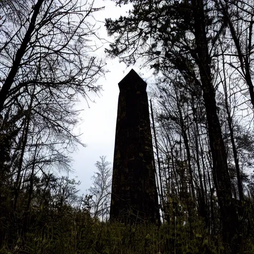 Prompt: abandoned wizard tower standing alone in a clearing in the woods medival observatory