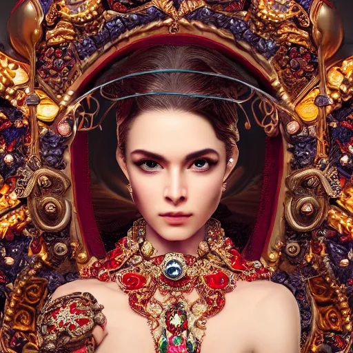 Image similar to photograph of wonderful princess with smooth fair skin, alluring eyes, red jewelry, breathtaking, elegant, ornate, intricate, hyper detailed, accent lighting, dramatic light, 4 k octane render