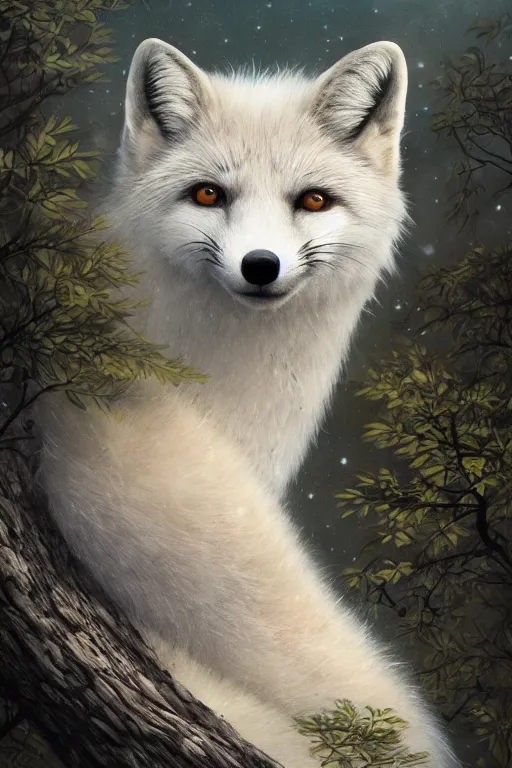 Prompt: a portrait of an artic fox curled on a tree branch animal illustrated by miyazaki by karol bak, james jean, tom bagshaw, rococo, sharp focus, trending on artstation, cinematic lighting, hyper realism, octane render, 8 k, hyper detailed, vivid, ultra detailed, highly detailed