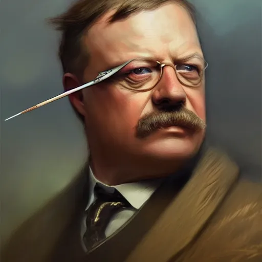 Prompt: portrait of Theodore Roosevelt as Hawkeye, fantasy, intricate, elegant, digital painting, trending on artstation, concept art, sharp focus, illustration by Gaston Bussiere and artgerm, 4k.