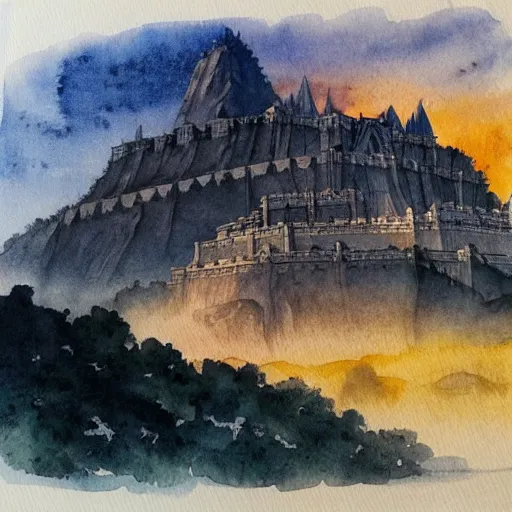 Image similar to minas tirith at sunrise. watercolor. trending on artstation.