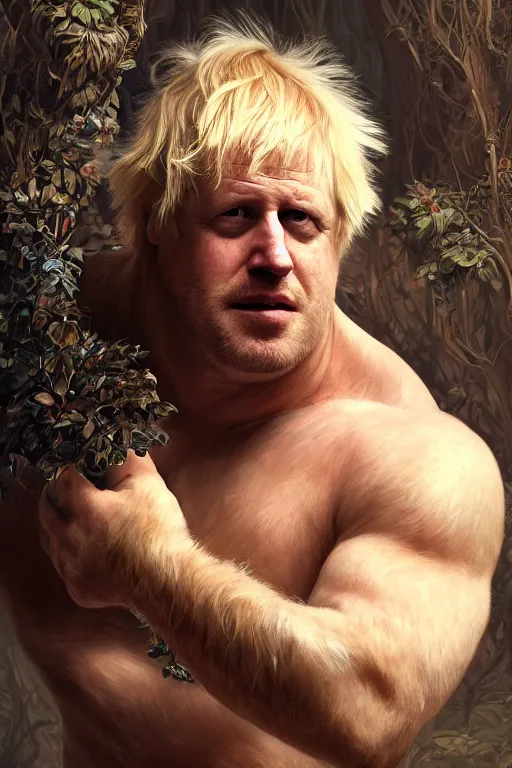 Image similar to portrait of boris johnson as a hairy hulking herculean demon, forest, godlike, full body, fantasy, intricate, elegant, highly detailed, digital painting, artstation, concept art, sharp focus, illustration, art by artgerm and greg rutkowski and alphonse mucha