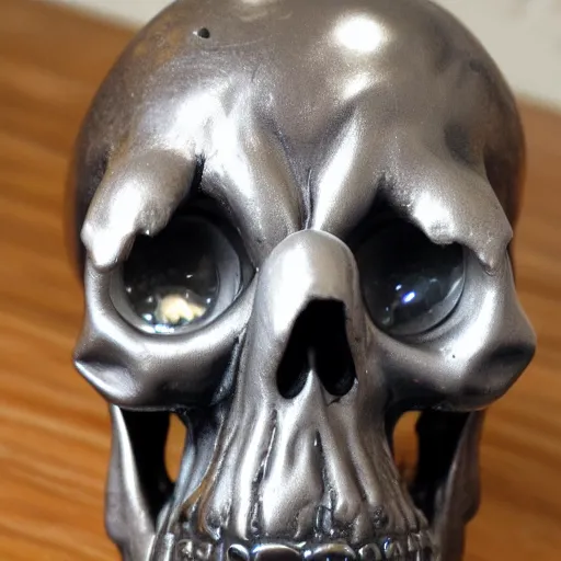 Prompt: silver skull with eyes oozing lava