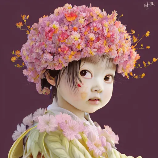 Image similar to the portrait of an absurdly cute, graceful, elegant, young japanese baby girl made of cherry flowers and petals, an ultrafine hyperdetailed illustration by kim jung gi, irakli nadar, intricate linework, bright colors, octopath traveler, unreal engine 5 highly rendered, global illumination, radiant light, detailed and intricate environment