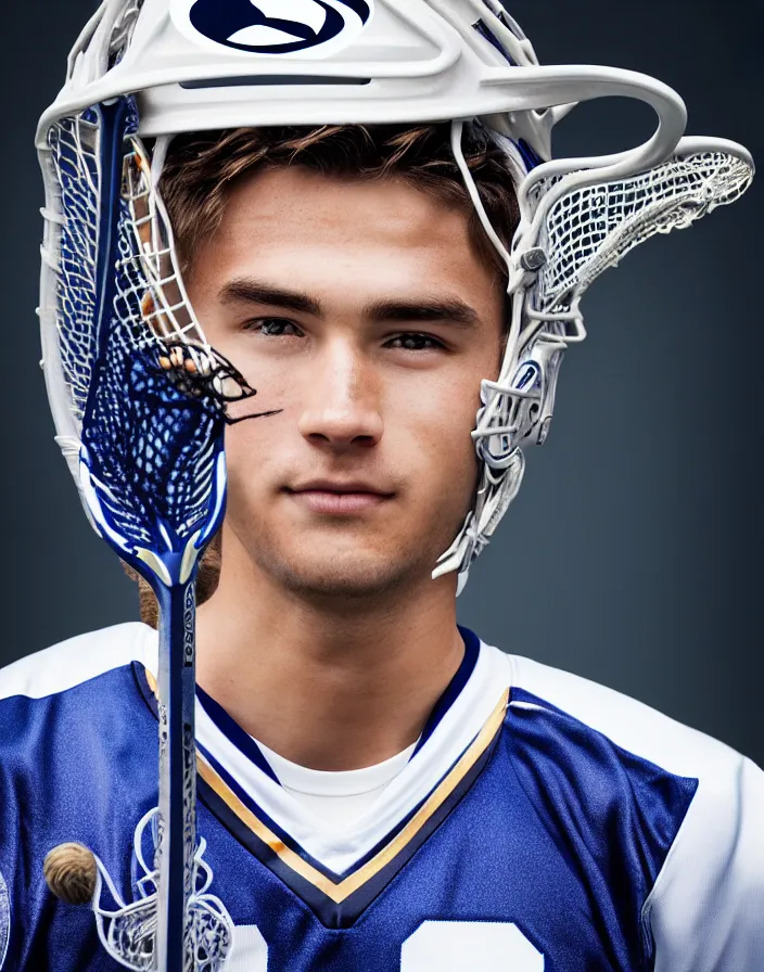 Image similar to closeup portrait of very beautiful cute male lacrosse player in a penn state stadium, glamour pose, particle effects, backlit, highly detailed, soft ambient lighting, sharp focus, rule of thirds, artgerm, wlop, arney freytag, rossdraws, frank frazetta, andrei riabovitchev, hd, octane, 4 k