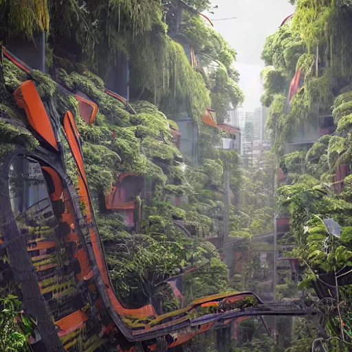 Image similar to overgrown futuristic sci - fi reisroute colombia medellin, orange dawn, hyperrealistic