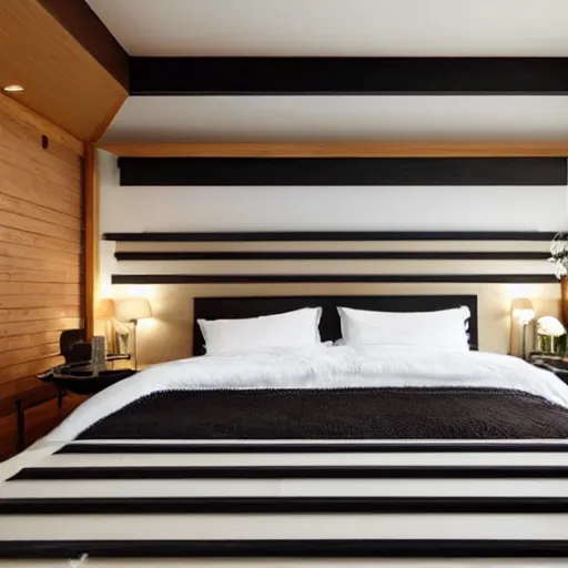 Image similar to bedroom, stone, interior design, stylish luxury hotel bedroom design, yakisugi, black vertical slatted timber, textures, feminine, black walls, art, Japanese pottery vase with flowers, kakejiku, seasonal, Japanese influences