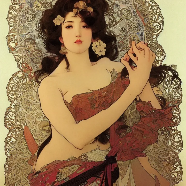 Image similar to beautiful women with oriental faces, character portrait, sharp, digital matte painting, art by alphonse maria mucha